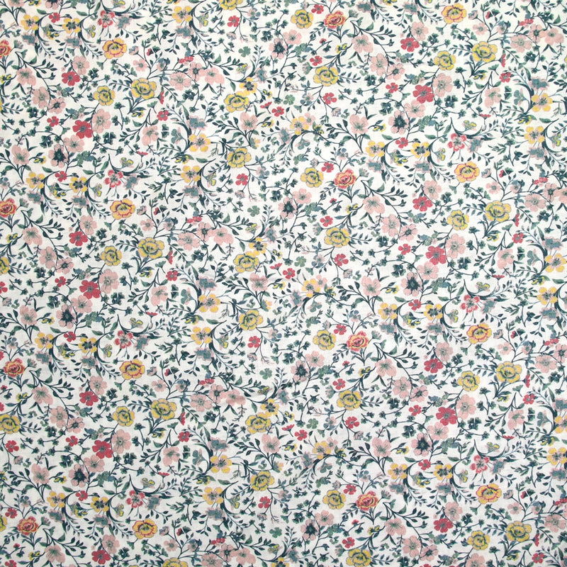 Coton imprimé Aurora fleurs rose et jaune fond blanc au mètre