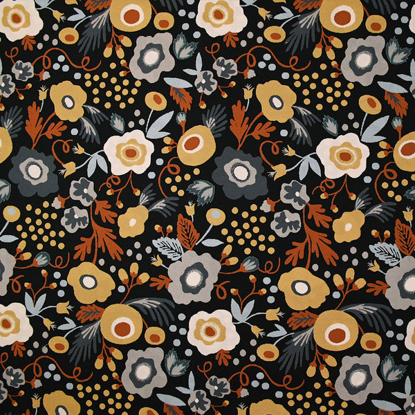 Coton imprimé éclosion automnal ocre fond anthracite