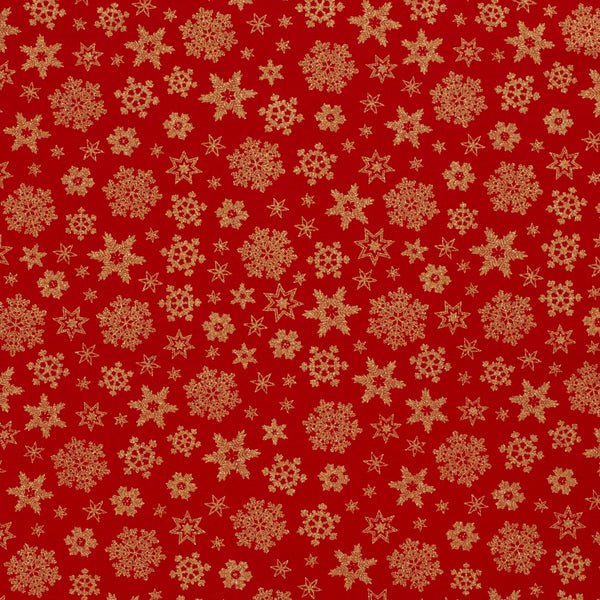 Coton imprimé et doré flocon de neige fond rouge