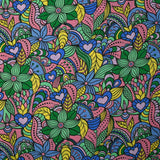 Coton imprimé explosion retro jaune beurre, mauve et bleu barbeau
