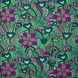 Coton imprimé explosion retro vert d'eau, violet et ciel