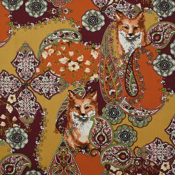 Coton imprimé fauve et flore lie de vin, orange et ocre