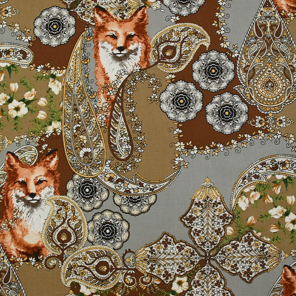 Coton imprimé fauve et flore marron, beige et gris