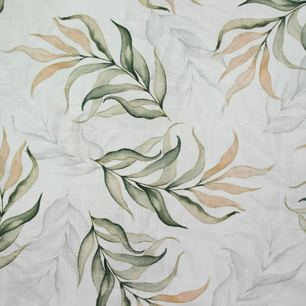 Coton imprimé feuille de bambou fond blanc
