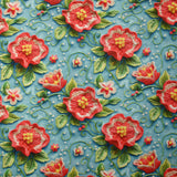 Coton imprimé fleurs en broderie fond bleu