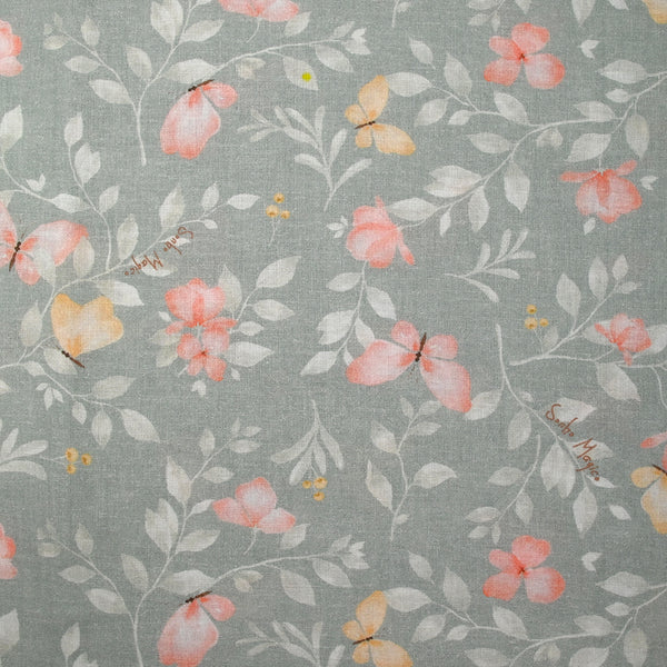 Coton imprimé fleurs magiques fond gris