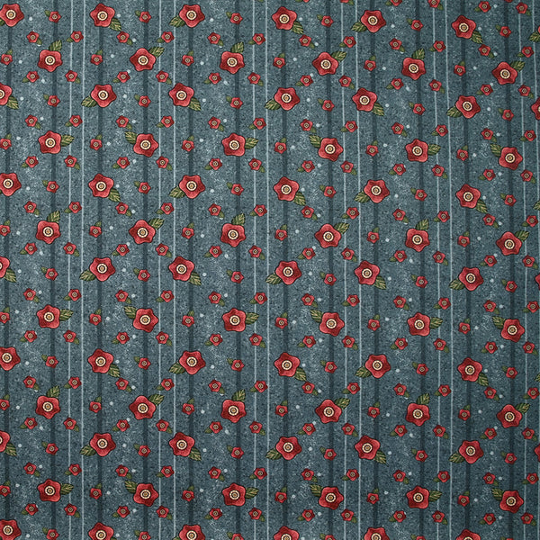 Coton imprimé fleurs rouges fond anthracite rayé