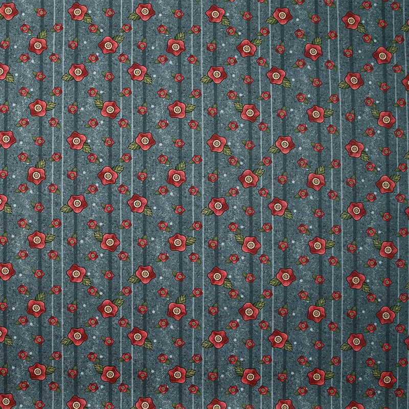 Coton imprimé fleurs rouges fond anthracite rayé