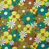 Coton imprimé floraison disco turquoise, marron et jaune beurre