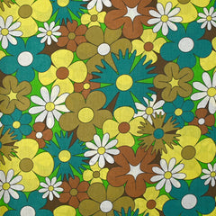 Coton imprimé floraison disco turquoise, marron et jaune beurre