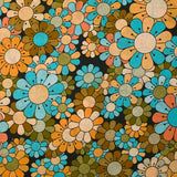 Coton imprimé flower power marron fond noir
