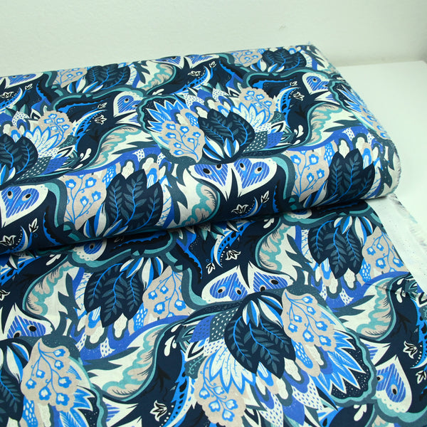 Coton imprimé Ginevra bleu et gris fond marine au mètre