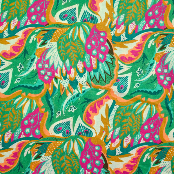 Coton imprimé Ginevra rose et orange fond vert au mètre