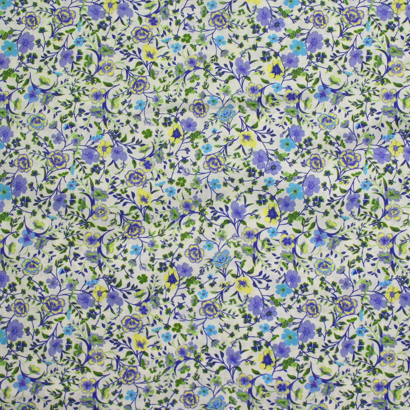 Coton imprimé Giorgia fleurs violet et bleu fond écru au mètre