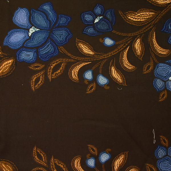 Coton imprimé grande fleur bleu fond marron