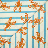 Coton imprimé homard et rayure bleue fond écru