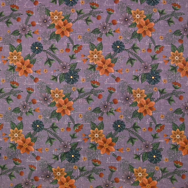 Coton imprimé jardin secret camel fond violet