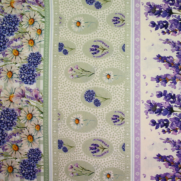 Coton imprimé lavande et hortensia violet fond écru