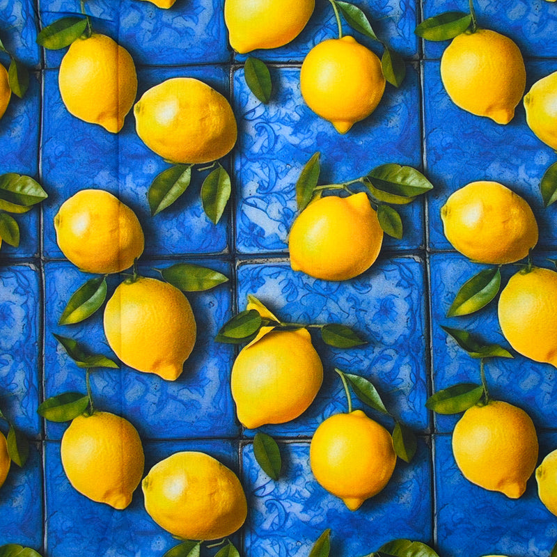 Coton imprimé Lisbonne et citron fond bleu