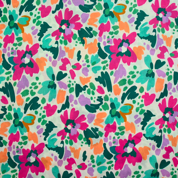 Coton imprimé Martina fleurs fantaisie fuchsia et vert au mètre