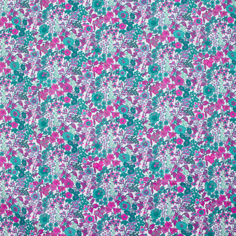 Coton imprimé Matilde fleurs canard et fuchsia au mètre