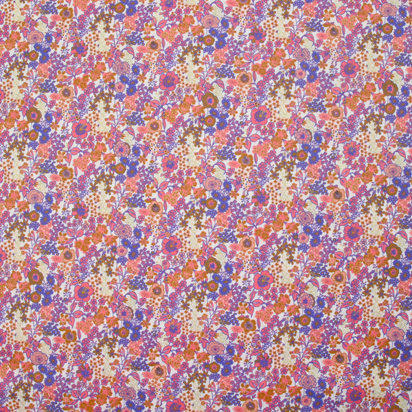 Coton imprimé Matilde fleurs corail et lavande au mètre