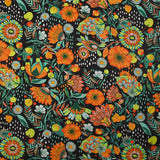 Coton imprimé pluie de fleurs orange fond marron

