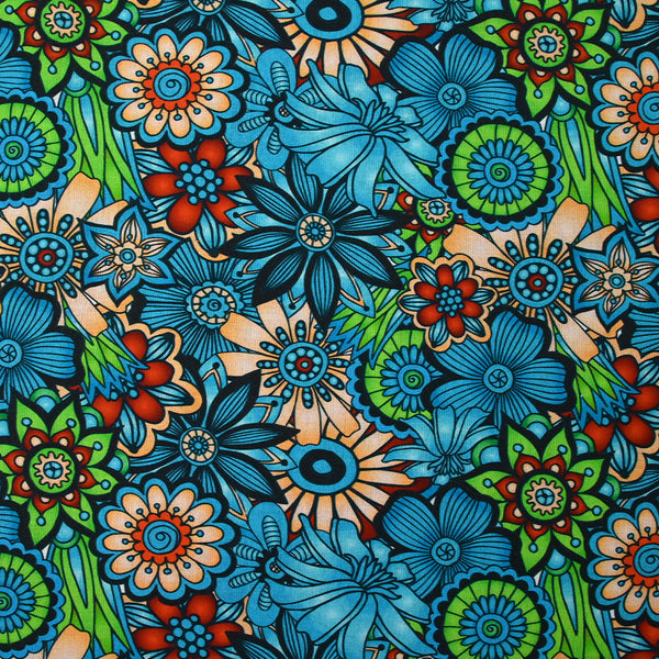 Coton imprimé Retro Flower turquoise et vert