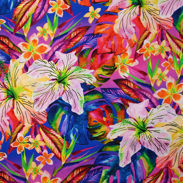 Coton imprimé sous les tropiques fond bleu roi, violet et fuchsia