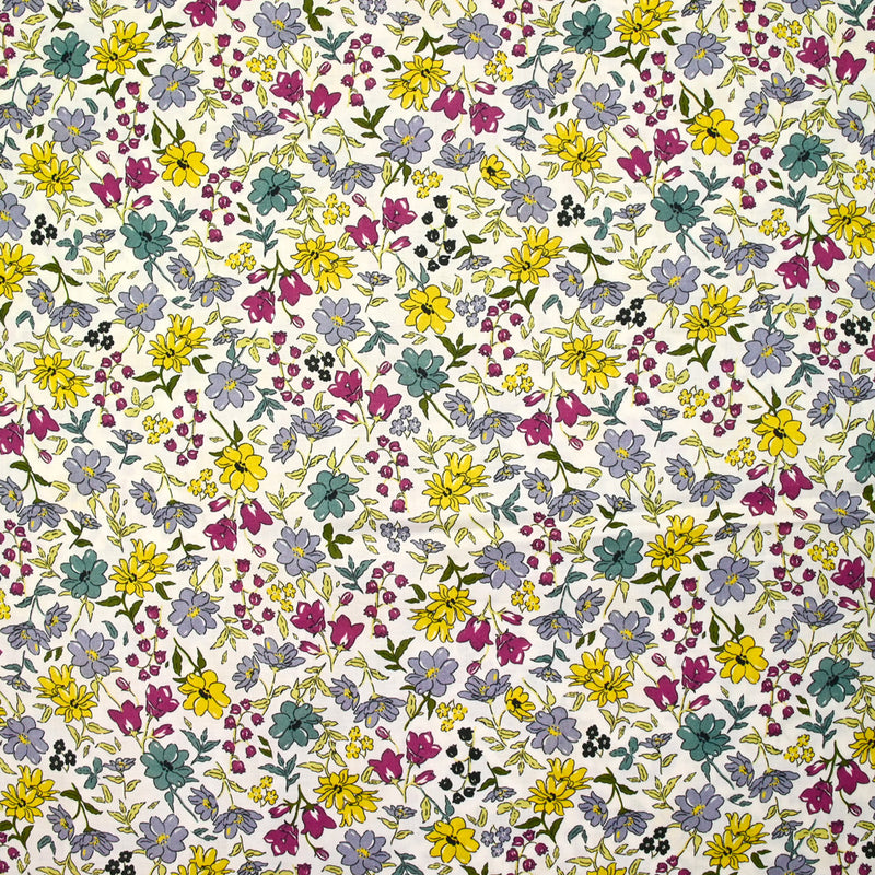Coton imprimé Vittoria fleurs gris et miel vintage fond écru au mètre