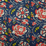 Coton indien imprimé Bengaluru rouge et écru fond bleu marine