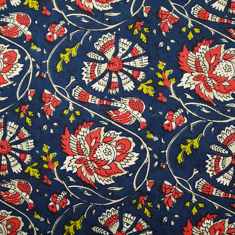 Coton indien imprimé Bengaluru rouge et écru fond bleu marine
