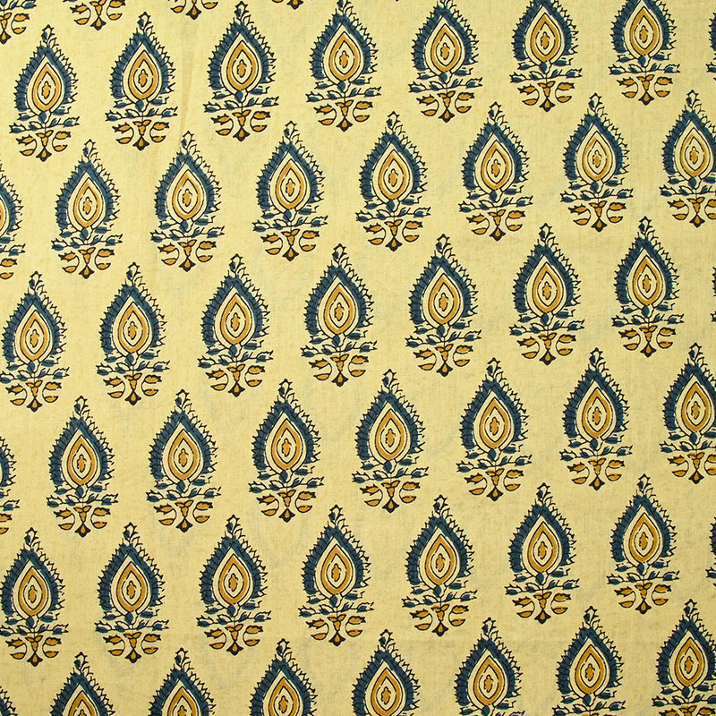 Coton indien imprimé Chennai bleu et ocre fond beige