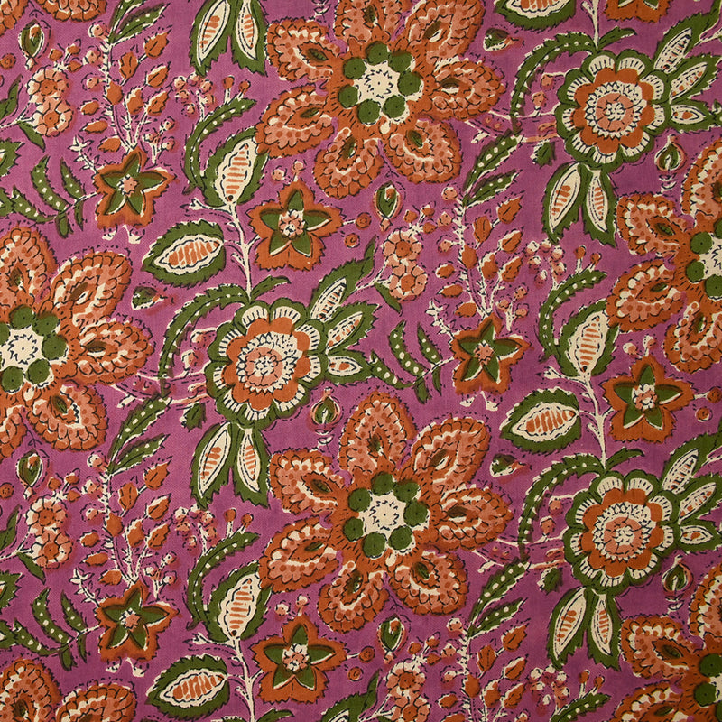 Coton indien imprimé Delhi marron et vert fond violet