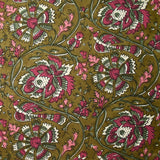Coton indien imprimé Haora rose et vert fond kaki