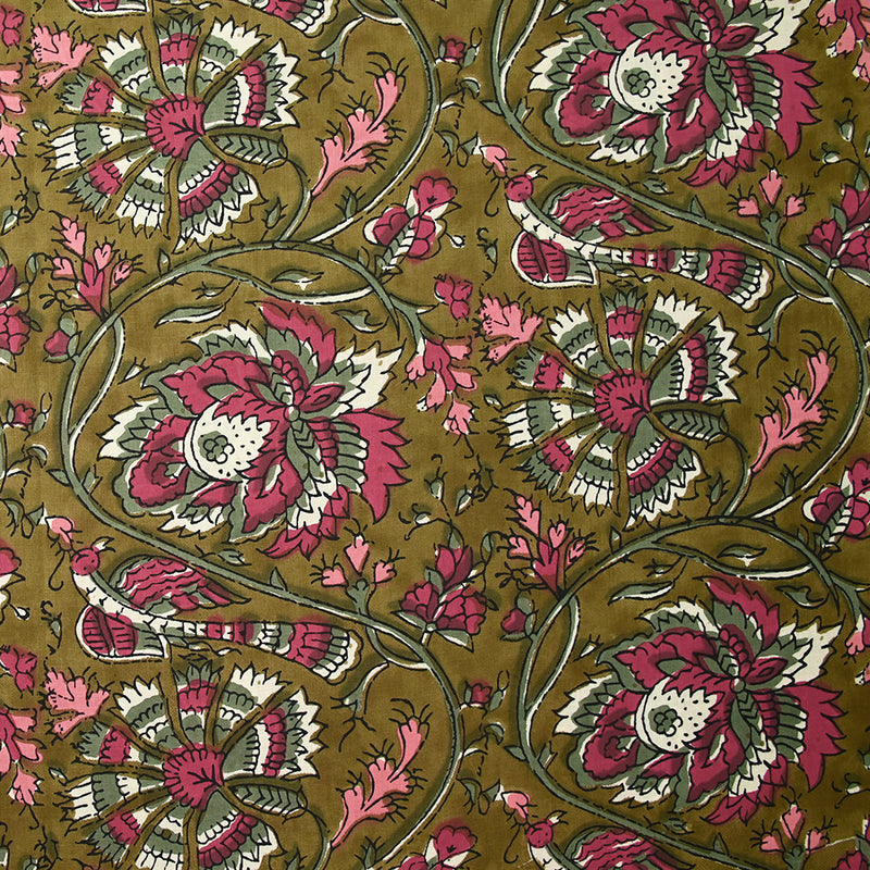 Coton indien imprimé Haora rose et vert fond kaki