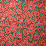 Coton indien imprimé Indore vert et rose fond corail