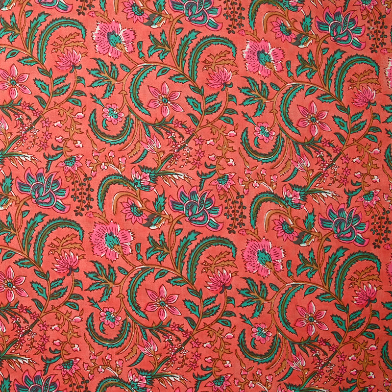 Coton indien imprimé Indore vert et rose fond corail