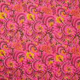 Coton indien imprimé Kali vert et jaune fond rose