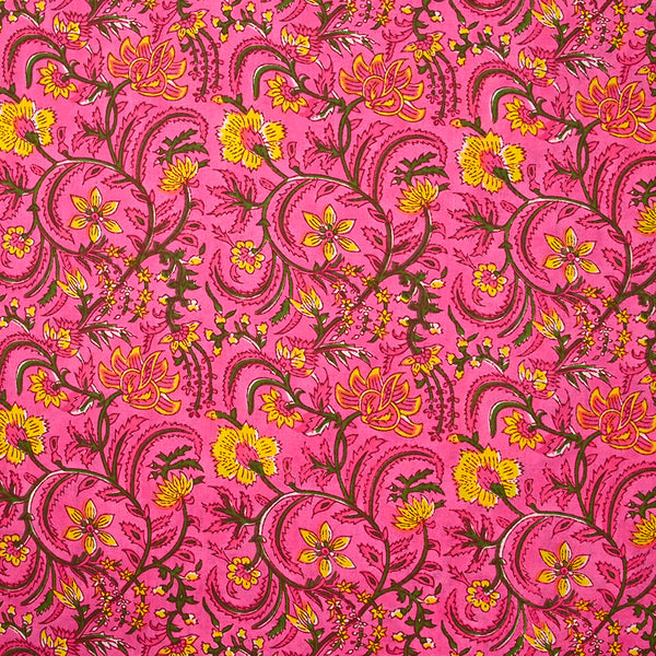 Coton indien imprimé Kali vert et jaune fond rose