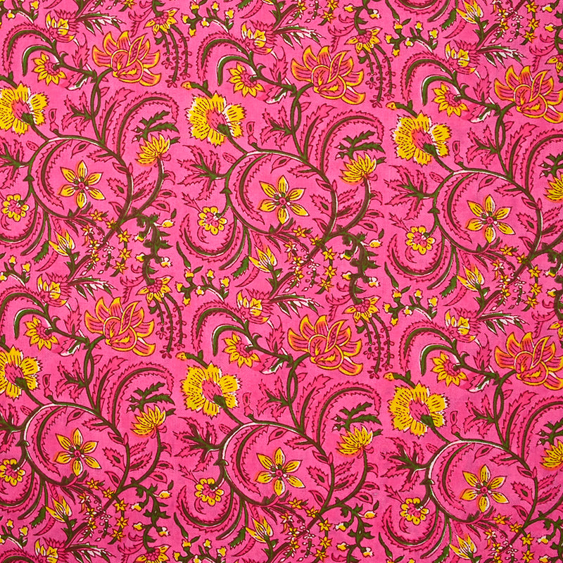 Coton indien imprimé Kali vert et jaune fond rose