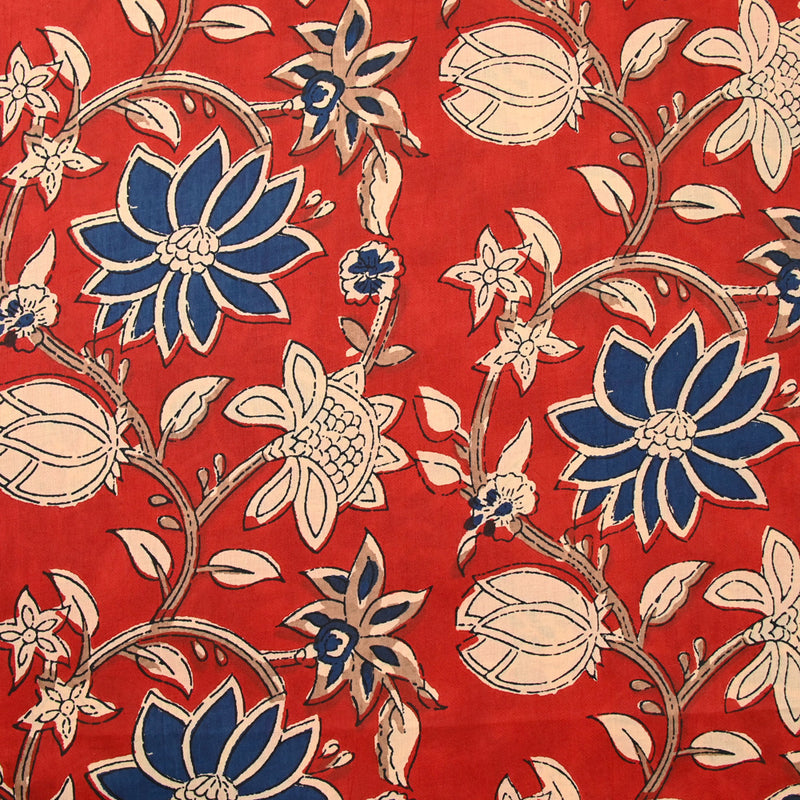 Coton indien imprimé Kanpur bleu fond rouge