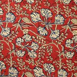Coton indien imprimé Mandi bleu et beige fond rouge tomette