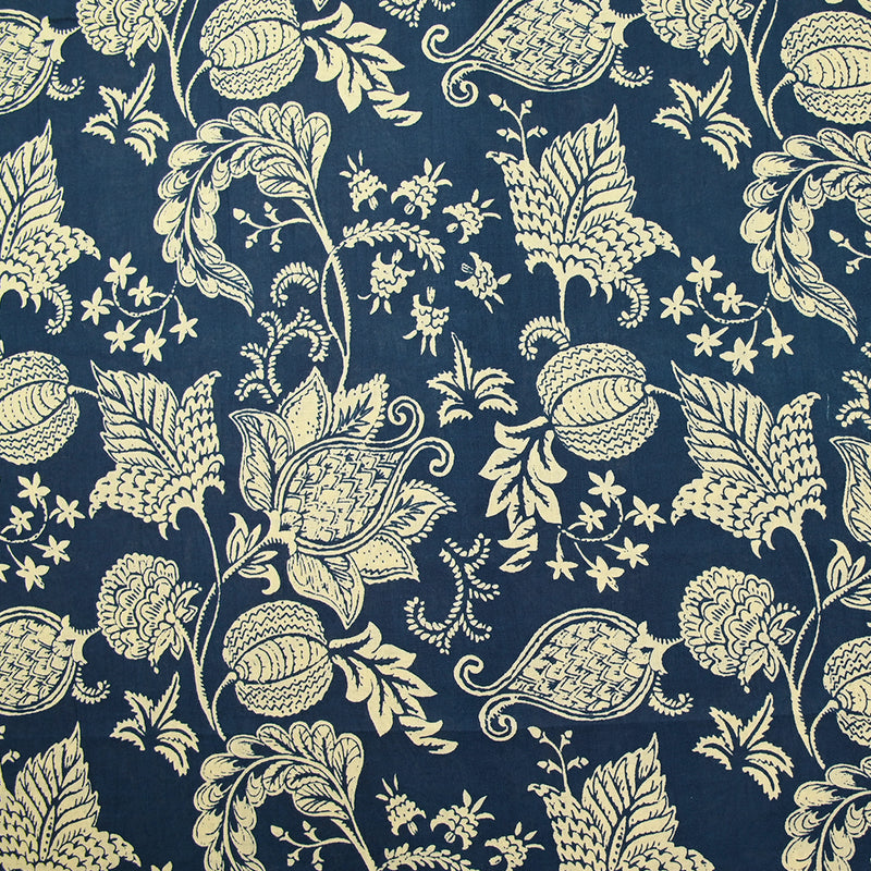Coton indien imprimé Mumbai beige fond bleu