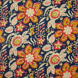 Coton indien imprimé Nandi beige, rouge et jaune fond bleu foncé