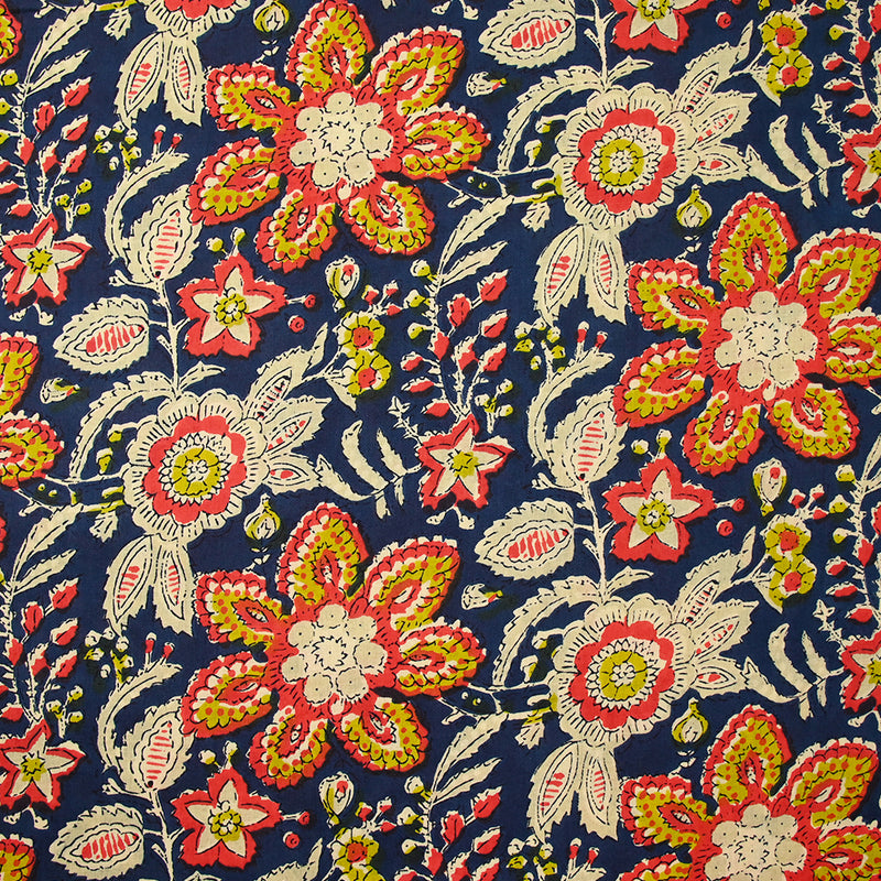 Coton indien imprimé Nandi beige, rouge et jaune fond bleu foncé