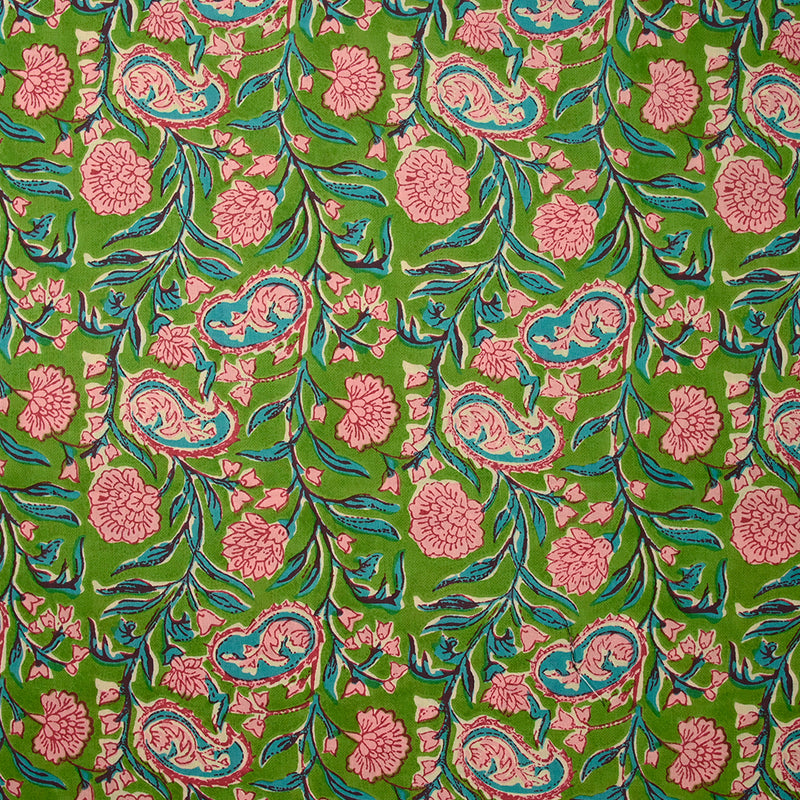 Coton indien imprimé Shiva rose et bleu turquoise fond vert pomme