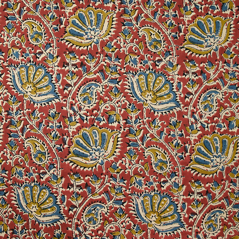 Coton indien imprimé Uma bleu barbeau et jaune fond tomette