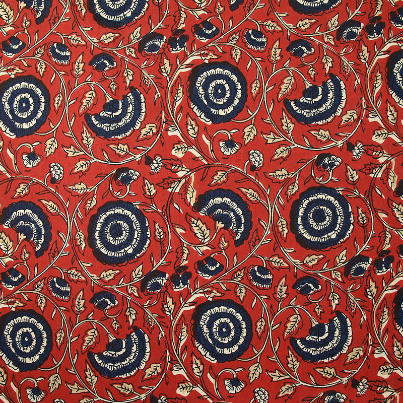 Coton indien imprimé Vadodara bleu marine fond rouge tomette