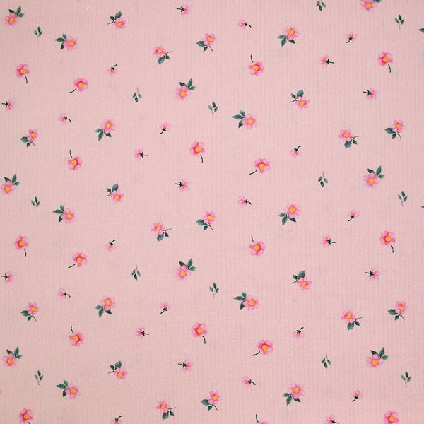 Coton rayé imprimé petite fleur rose fond rose